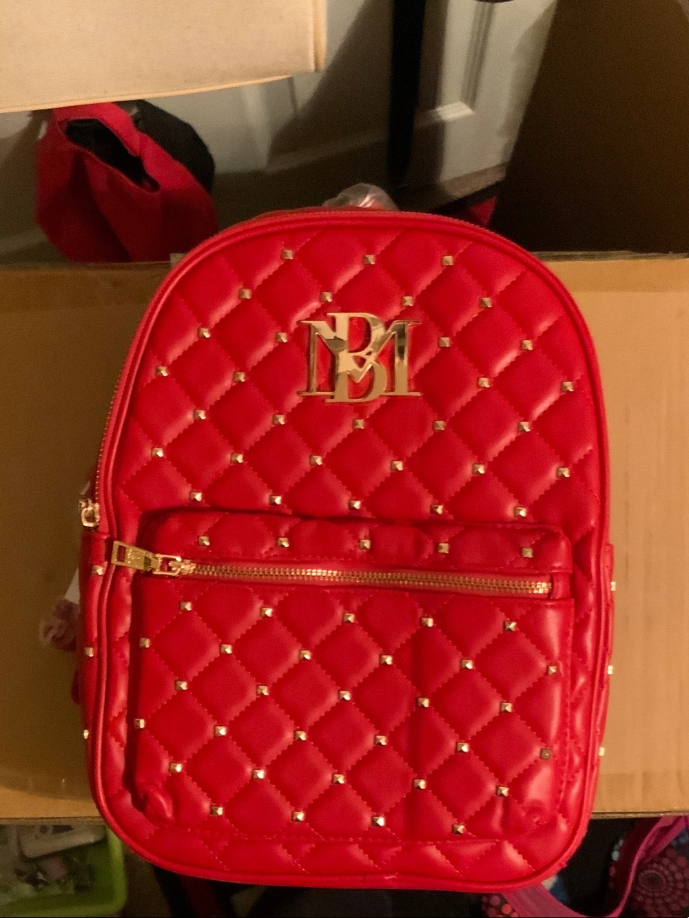 Badgley Mischka Quilted Red Backpack with Gold Hardware